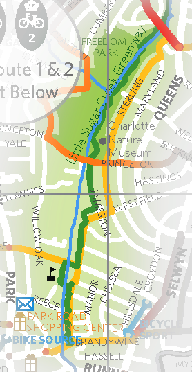 Little Sugar Creek (green) parallelling natural bikeway (yellow)