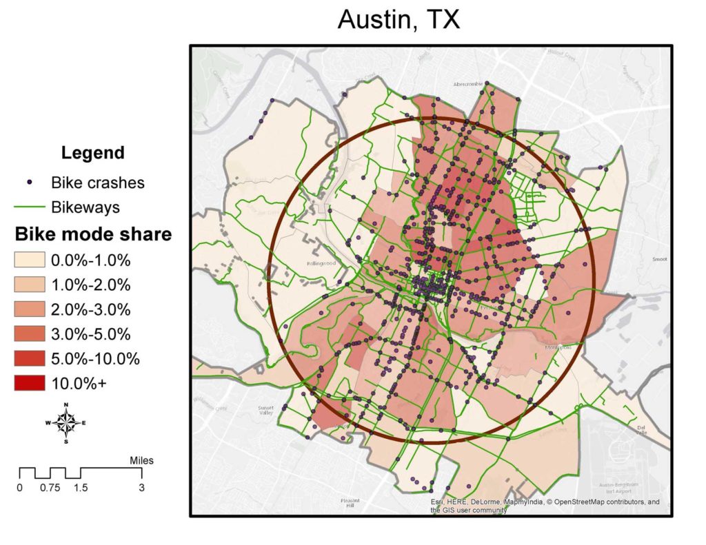 Bike mode share, facilities, and crashes within 4-mile radius circle in central Austin (1:100,000)