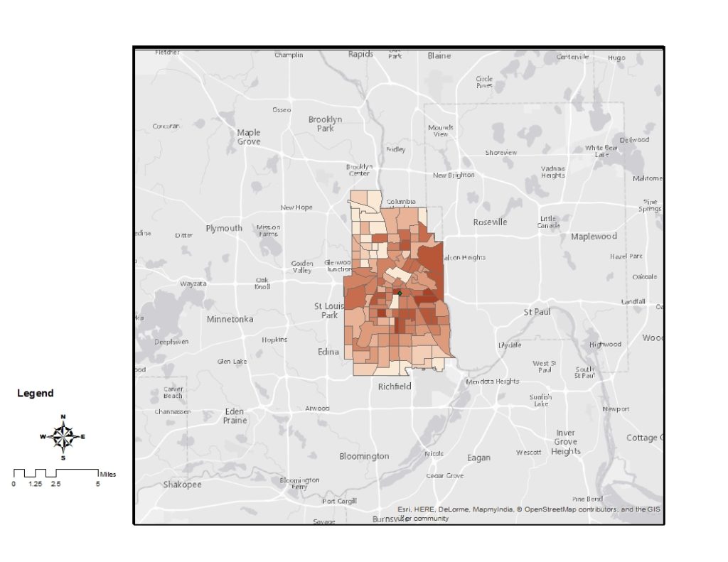 Map of Minneapolis bike mode share by census tract, showing much higher rates in the central city