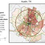 Bike mode share, facilities, and crashes within 4-mile radius circle in central Austin (1:100,000)
