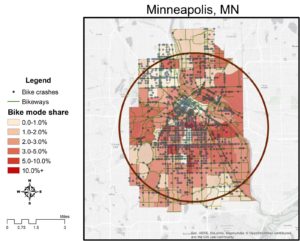 Bike mode share, facilities, and crashes within 4-mile radius circle in central Minneapolis (1:100,000)