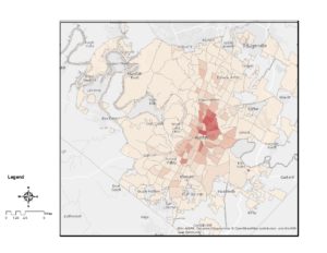 Map of Austin bike mode share by census tract, showing much higher rates in the central city