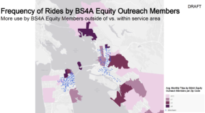 Map of zip code locations of BS4A Equity members and locations of bike share stations, showing little overlap