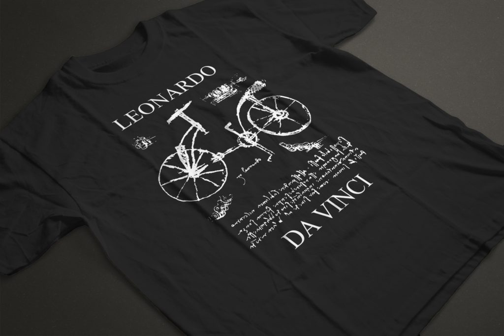 T-shirt depicting apocryphal sketch of bicycle allegedly done by Leonardo