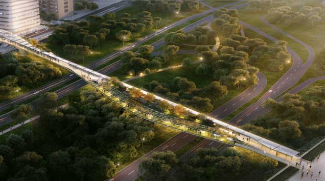 Pedestrian bridge crossing multiple freeway and railway lines