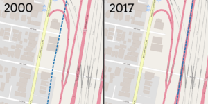 Side-by-side maps of 2000 and 2017 Census boundaries, showing slight differences