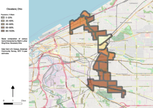 Map displaying Cleveland census tracts intersected by Martin Luther King Drive, by racial composition