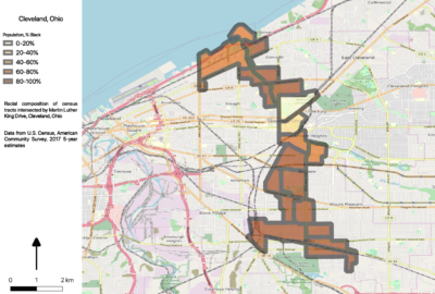Map displaying Cleveland census tracts intersected by Martin Luther King Drive, by racial composition