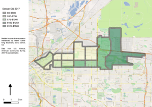 Map showing median income of northeast Denver by census tract, with eastern suburbs more wealthy than those close to the center.