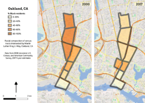 Side-by-side map of Oakland, showing a reduction in Black residents in census tracts from 2000-2017