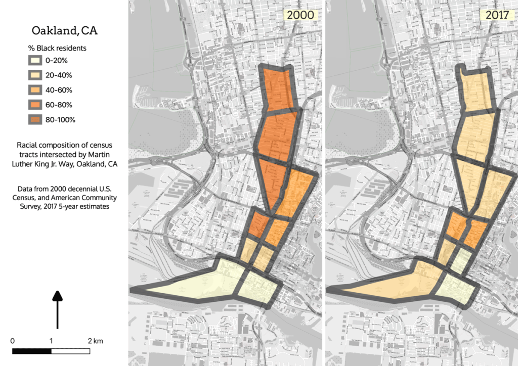 Maps showing Oakland census tracts intersected by MLK Drive in 2000 and 2017