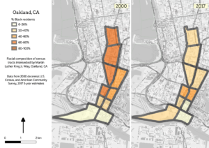 Maps showing Oakland census tracts intersected by MLK Drive in 2000 and 2017