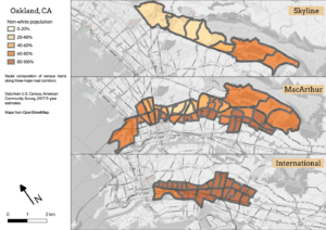 Three maps, showing non-white population in Oakland along International, MacArthur, and Skyline Boulevards.