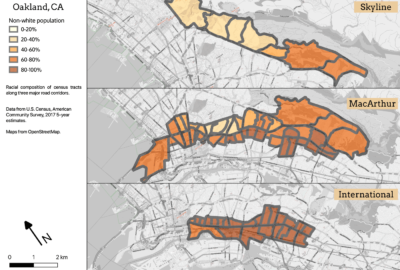 Three maps, showing non-white population in Oakland along International, MacArthur, and Skyline Boulevards.