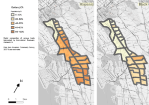 Two maps showing many more Hispanic than Black residents along International Boulevard