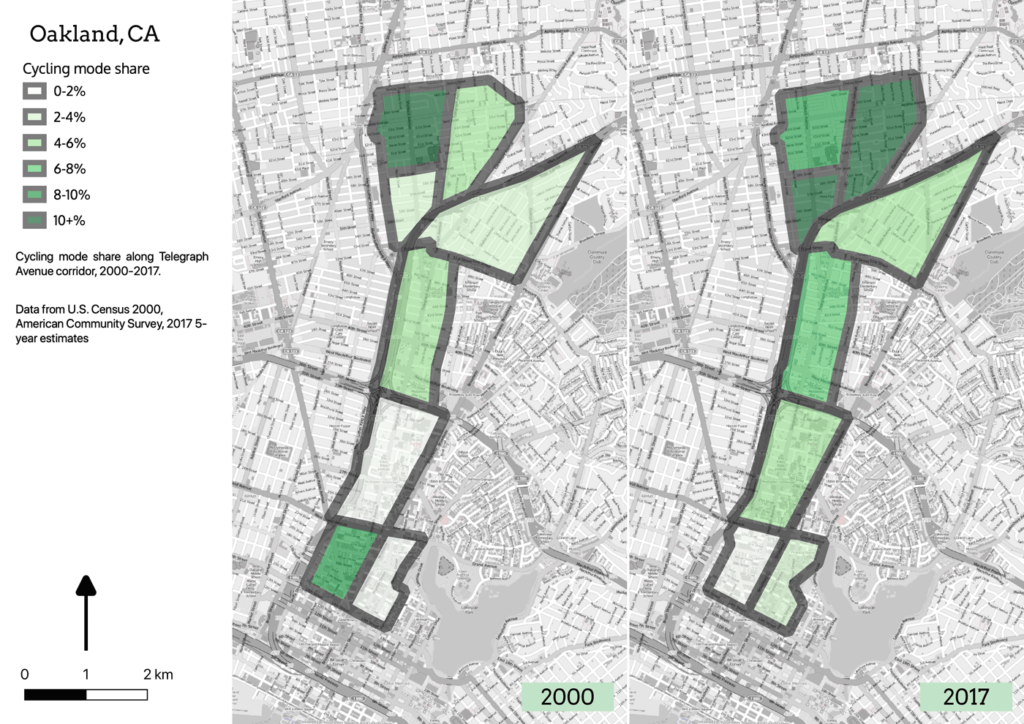 Two maps, showing change in cycling mode share along Telegraph Avenue in Oakland, incrementally higher in the 2017 map.