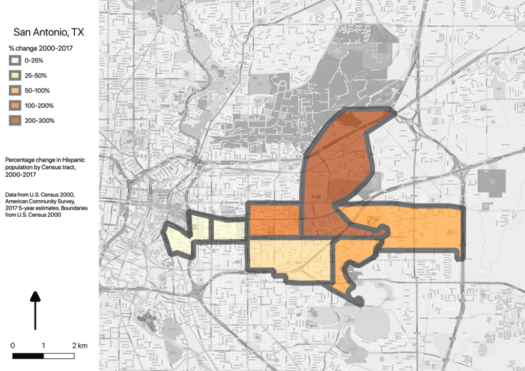 Map showing increase in Hispanic population in San Antonio, by census tract, with northeastern tracts much greater than western tracts