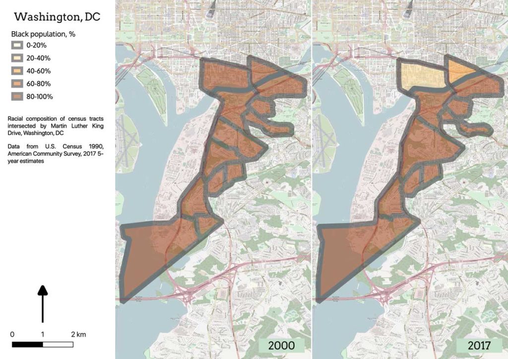 Map of southeastern Washington DC showing changes in demographic composition from 2000-2017