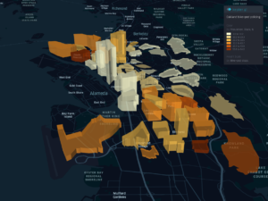 3-D map of Oakland police beats with colors showing percentage of Black stops of bikes and pedestrians in each beat, with height showing the number of stops in the beat. Highest bars are in Fruitvale, most black in West and East Oakland