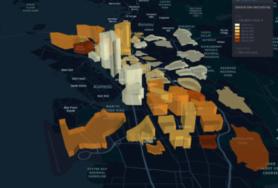 3-D map of Oakland police beats with colors showing percentage of Black stops of bikes and pedestrians in each beat, with height showing the number of stops in the beat. Highest bars are in Fruitvale, most black in West and East Oakland