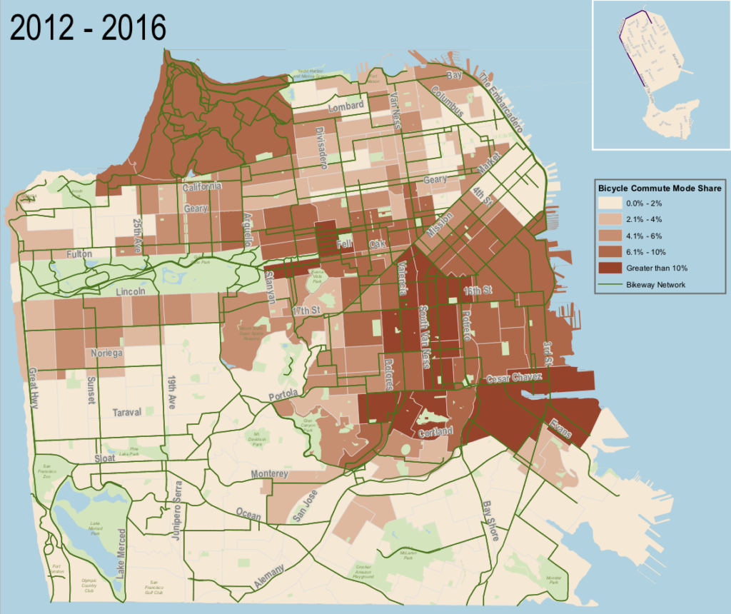 Map of bike mode share in San Francisco. All of the darkest census tracts are in the center of the city, near downtown. 