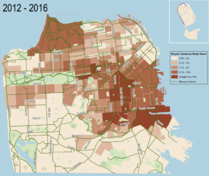 Map of bike mode share in San Francisco. All of the darkest census tracts are in the center of the city, near downtown.