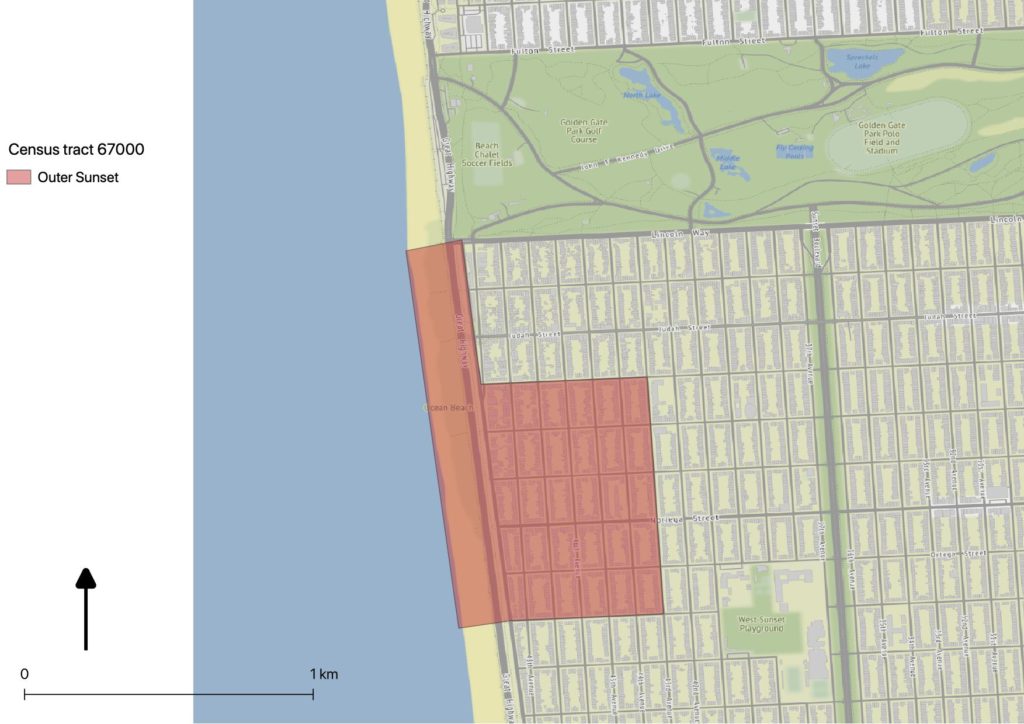 Map of San Francisco showing Golden Gate Park and a selected census tract (67000) in the Outer Sunset