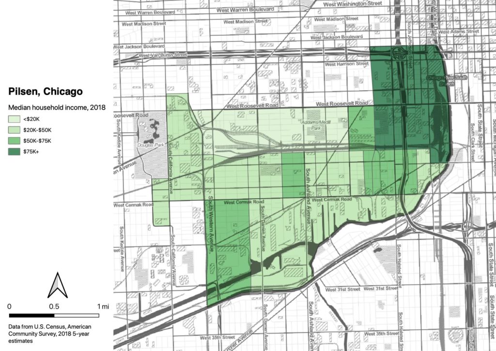 Map showing the Pilsen neighborhood of Chicago, coded by median income in each census tract. The area nearest The Loop has median income over $75K, the nearby areas are $50-$75K, most of the area is $20-$50K, and the central northern tract is below $20K.