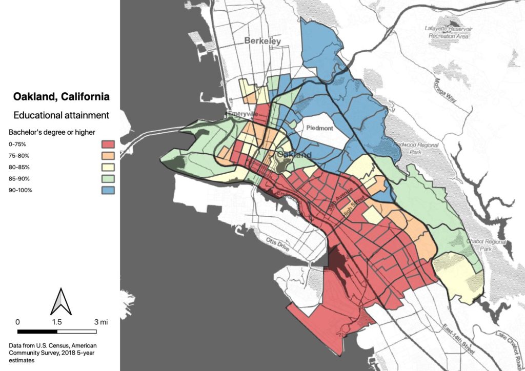 Map of Oakland showing educational attainment (bachelor's degree or higher). All of East Oakland is shaded in red (less than 75%). West Oakland is mixed red, yellow, orange and green (75-90%). Montclair and the northern hills are blue (>90%)