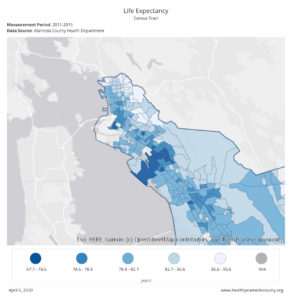 Image displaying life expectancy by census tract in northern Alameda County. Life expectancy is much higher (as high as 95.6 years) in the hills than in the areas near the bay (as low as 67.7 years)
