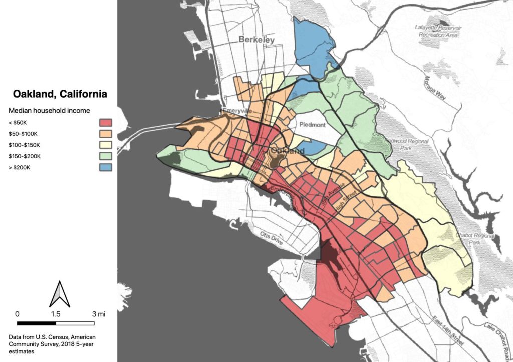 Map of Oakland showing median income. All of East Oakland is shaded in red (less than $50K) or orange ($50-$100K). The hills to the north are in blue (>$200K) , while the areas further east and south trend to green and yellow ($100-$200K)
