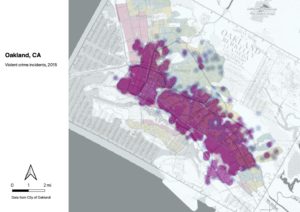 Heat map showing concentrated areas of violent crime in Oakland, CA. The heaviest portions are near the waterfront, where the neighborhood was redlined in the underlying 1937 map.