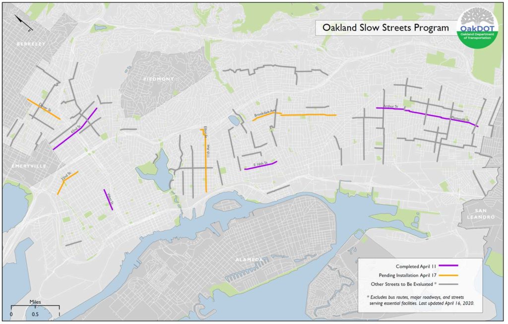 Map of Oakland with existing, pending, and proposed Slow Streets highlighted. Four streets are marked as "Completed April 11", four more are "Pending Installation April 17", and approximately 20 more scatters around the city are "Other Streets to be Evaluated"