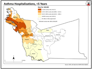 Map of Alameda County displaying asthma-related hospitalizations among children under 5 years old. Cases are concentrated in East and West Oakland.