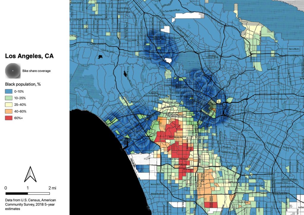 Map of Los Angeles County census tracts, colored by percentage of Black population, overlain with Metro Bike Share system coverage.