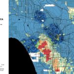 Map of Los Angeles County census tracts, colored by percentage of Black population, overlain with Metro Bike Share system coverage.