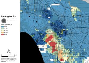 Map of Los Angeles County census tracts, colored by percentage of Black population, overlain with Metro Bike Share system coverage.