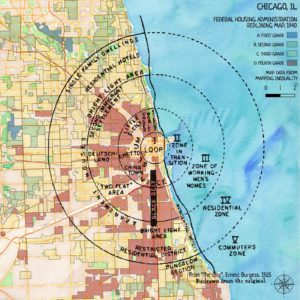 Map of Chicago, showing Burgess' concentric-circle zone model on top of the FHA redlining map for Chicago. Nearly all of zone 2 (zone in transition) and zone 3 (zone of workingmen's homes) were redlined. Zone 4 (residential zone) is mostly yellow, and zone 5 (commuters zone) is mostly green and blue.