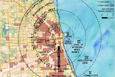 Map of Chicago, showing Burgess' concentric-circle zone model on top of the FHA redlining map for Chicago. Nearly all of zone 2 (zone in transition) and zone 3 (zone of workingmen's homes) were redlined. Zone 4 (residential zone) is mostly yellow, and zone 5 (commuters zone) is mostly green and blue.
