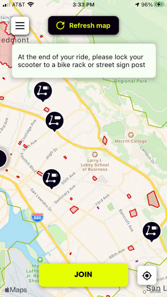 Map of East Oakland showing location of rental e-scooters. There are only two east of High Street; one at 55th Avenue and one past 98th.