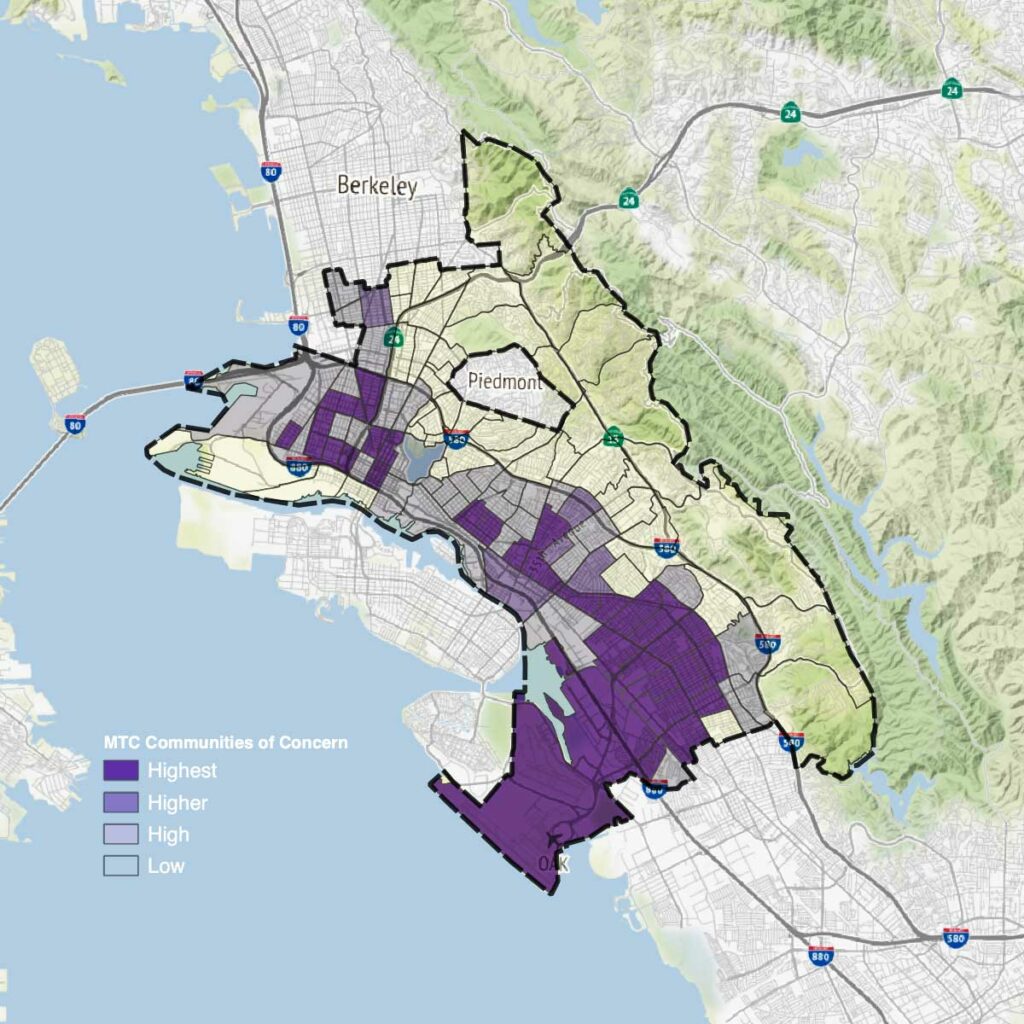 Map of Oakland showing the Metropolitan Transportation Commission's Communities of Concern. Deep East Oakland and parts of downtown and West Oakland are mostly dark purple (Highest concern). A few areas in Deep East, and much of Fruitvale is lighter purple (Higher concern). Most of the rest of the flatlands are light purple (High concern). The hills are uncolored (Low concern).