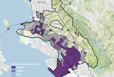 Map of Oakland showing the Metropolitan Transportation Commission's Communities of Concern. Deep East Oakland and parts of downtown and West Oakland are mostly dark purple (Highest concern). A few areas in Deep East, and much of Fruitvale is lighter purple (Higher concern). Most of the rest of the flatlands are light purple (High concern). The hills are uncolored (Low concern).