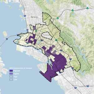 Map of Oakland showing the Metropolitan Transportation Commission's Communities of Concern. Deep East Oakland and parts of downtown and West Oakland are mostly dark purple (Highest concern). A few areas in Deep East, and much of Fruitvale is lighter purple (Higher concern).