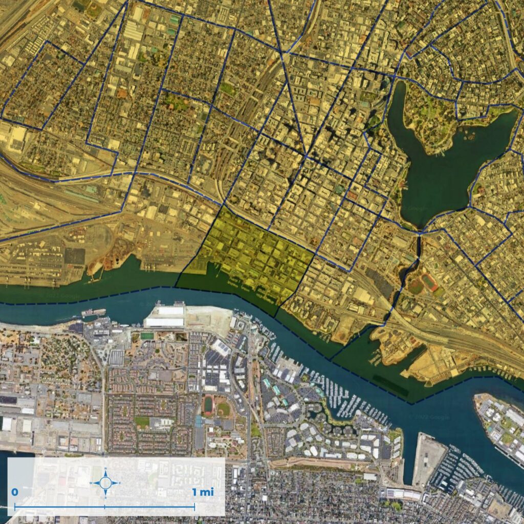 Overview map of Jack London Square in Oakland. Census tract 983200, on one side of the freeway along the waterfront, is highlighted.