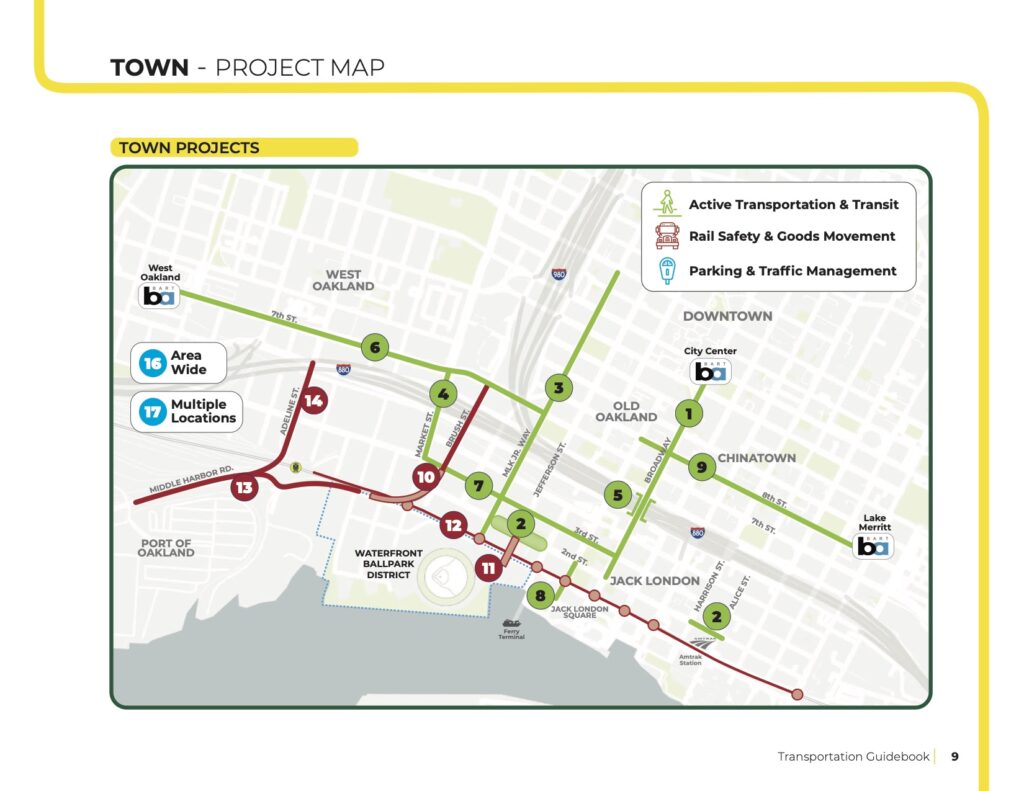 Map of the Howard Terminal and Jack London Square area of Oakland, showing 15 project sites. 10 are "Active Transportation and Transit" scattered around the area, five are "Rail Safety and Goods Management", along the waterfront.