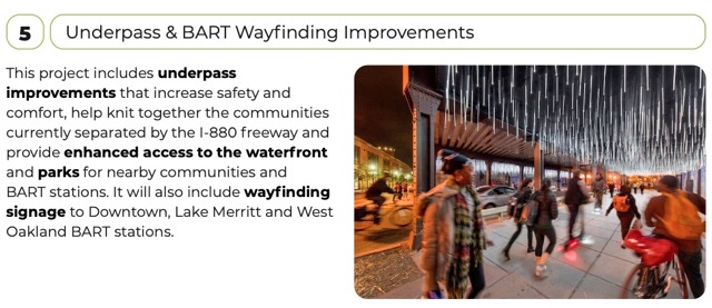 People walking under a freeway overpass decorated with dangling white lights. Text: "Underpass & BART Wayfinding Improvements. This project includes underpass improvements that increase safety and comfort, help kit together the communities currently separated by the I-880 freeway and provide enhanced access to the waterfront and parks for nearby communities and BART stations. It will also include wayfinding signage to Downtown, Lake Merritt and West Oakland BART stations.
